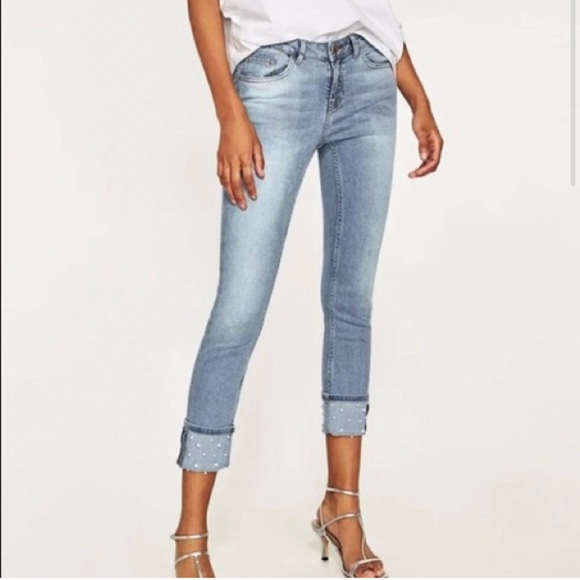 Zara Studded Cuffed Gray Jeans Size 4 - Picture 2 of 11